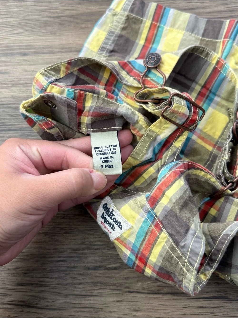 OshKosh Retro Baby Plaid Shortalls Overalls Yellow Grey Turquoise Size 9 Months
